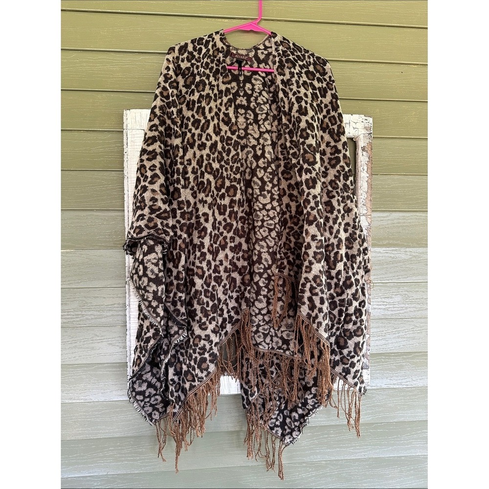 Altare Leopard Print Wrap Shawl Fringe Trim Animal Print Poncho Brown One Size